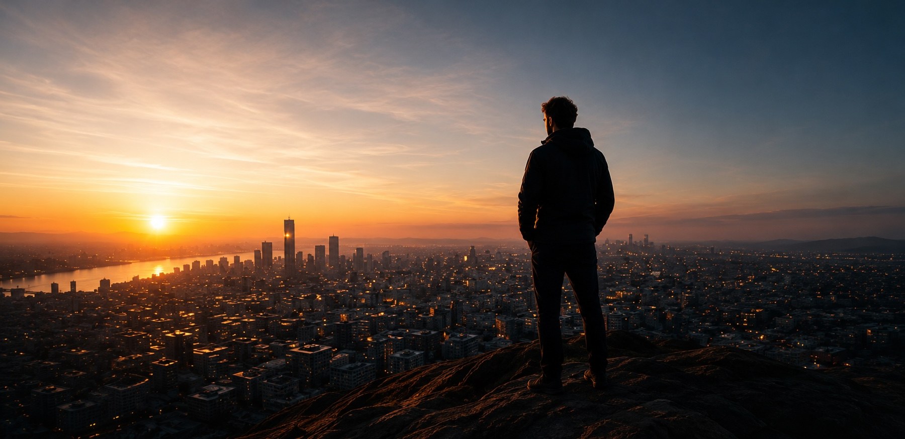 Persona observando una ciudad al amanecer